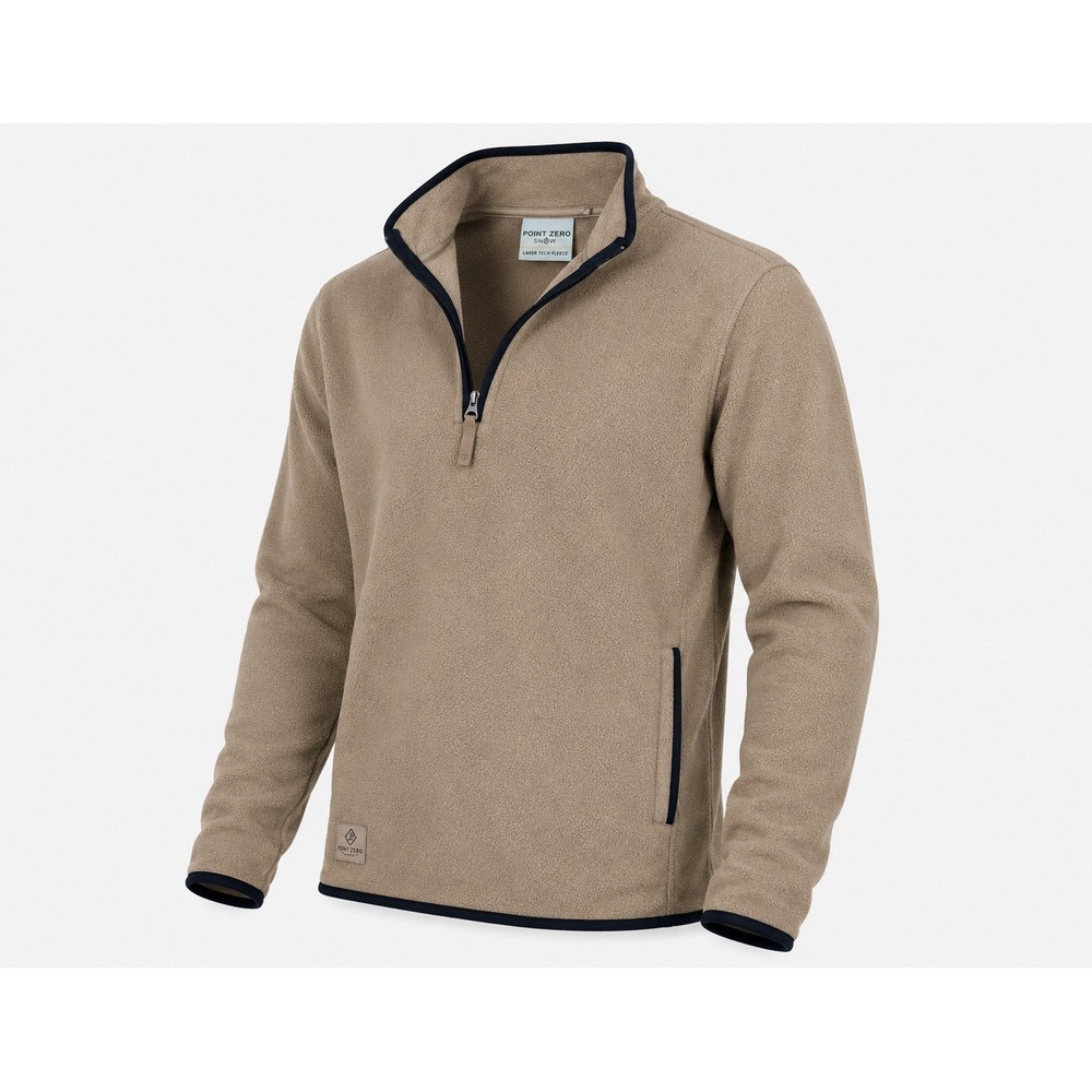 Point Zero Snow Layer Teck Mens Medium Fleece Quarter Zip Pullover Pockets Tan